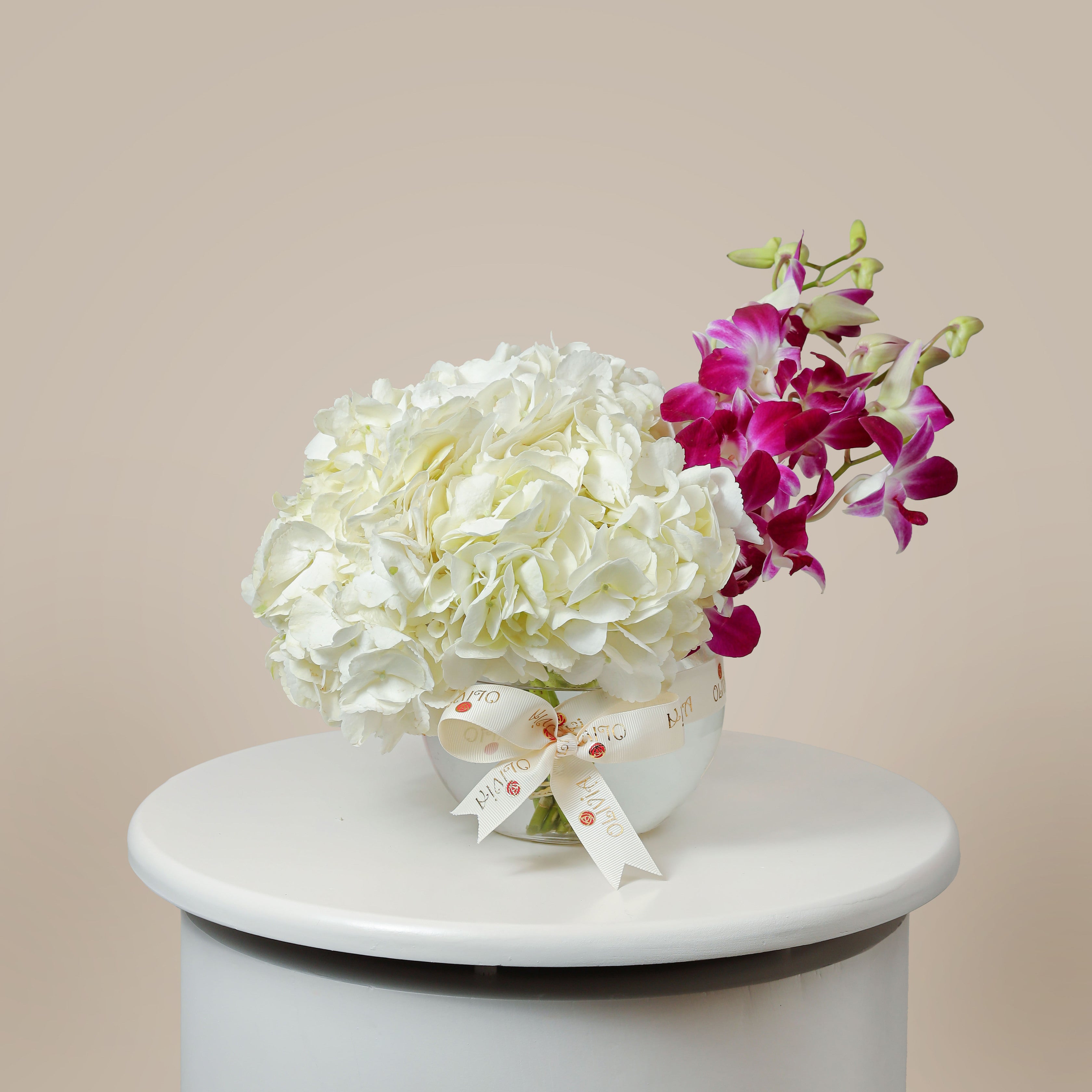 Elegant White Hydrangea with baby Orchid