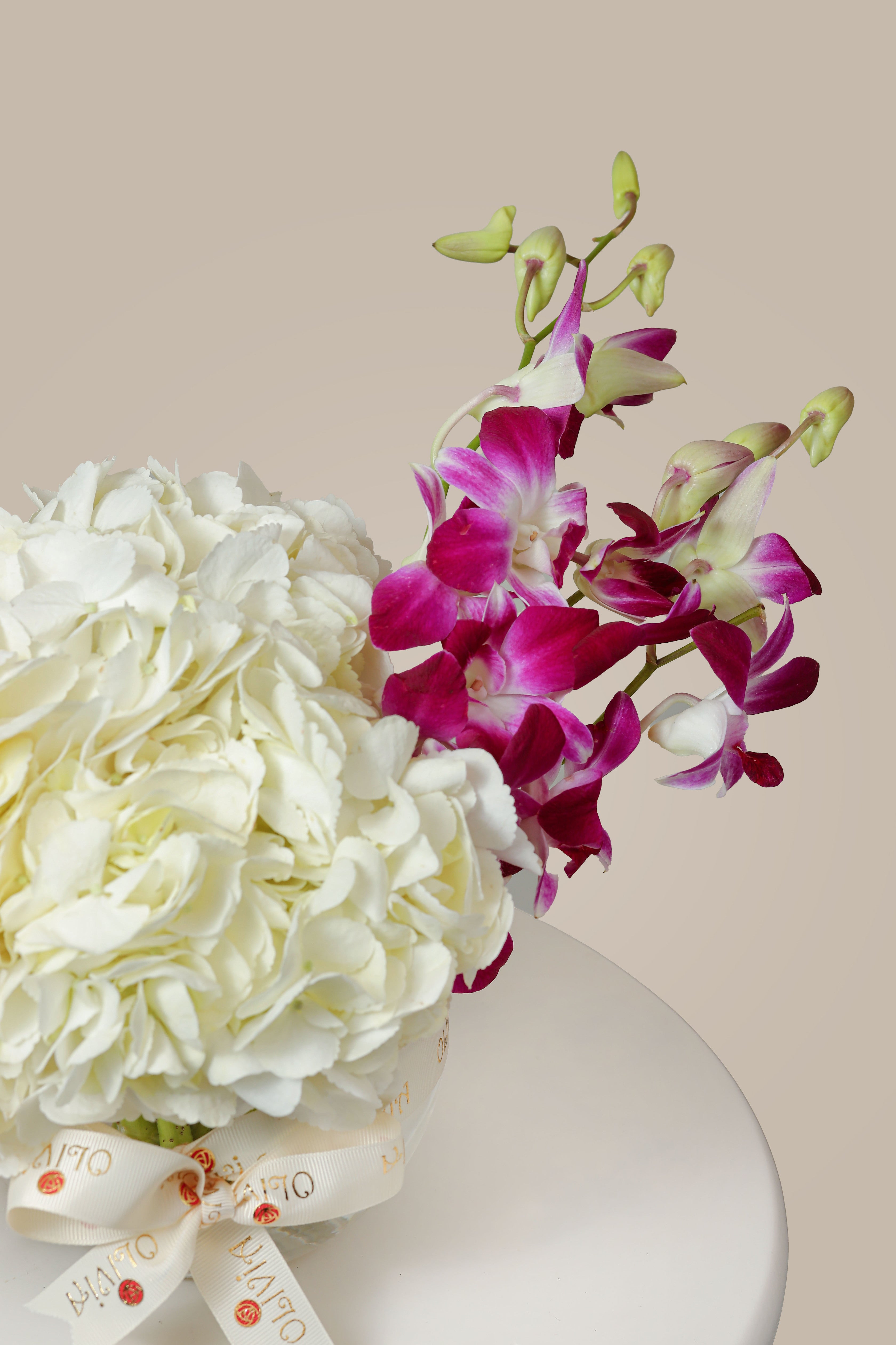 Elegant White Hydrangea with baby Orchid